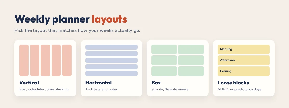 Weekly planner layouts: vertical, horizontal, box and loose blocks