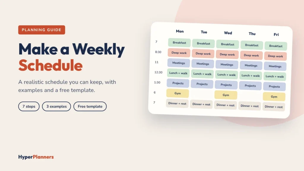 Colour-coded weekly schedule from Monday to Friday