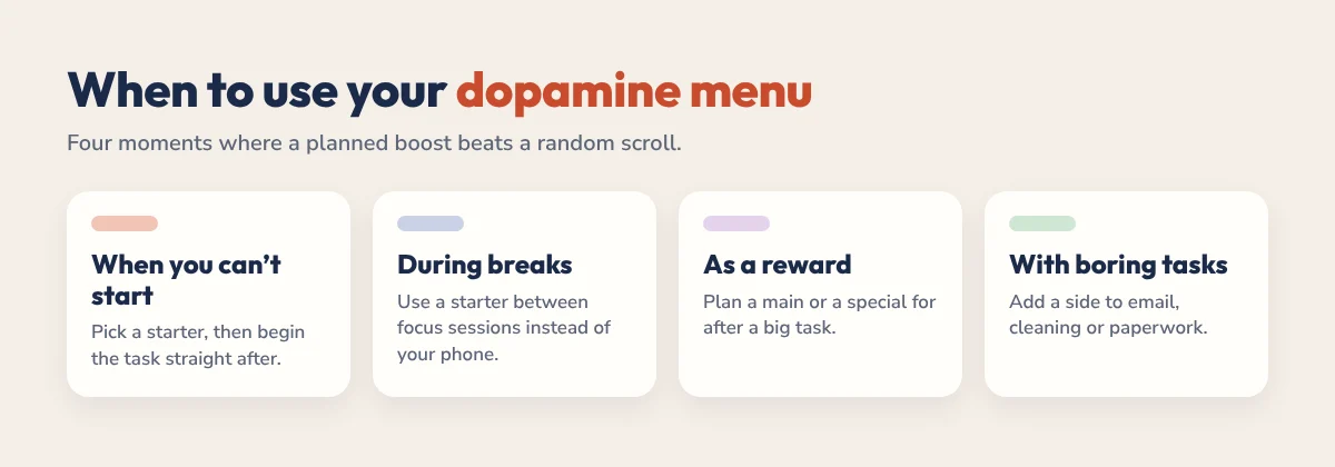 When to use a dopamine menu: when you cannot start, during breaks, as a reward, with boring tasks