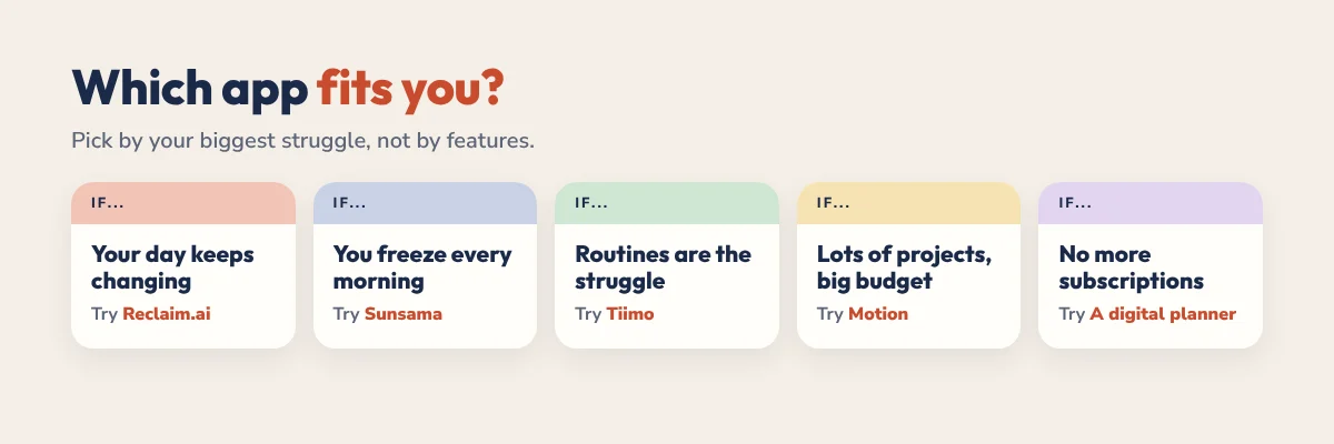Which time blocking app fits you: pick by your biggest ADHD struggle